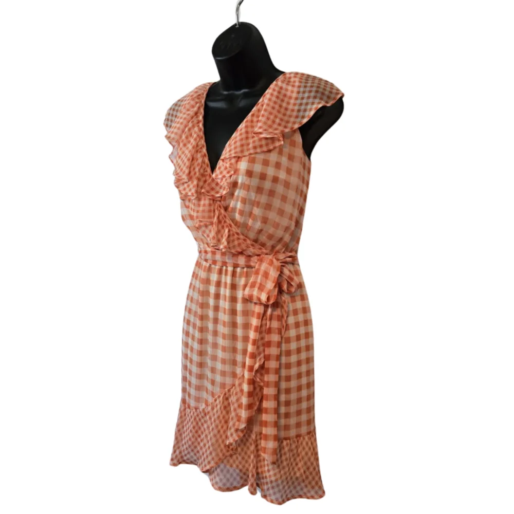 Gingham Ruffle Wrap Dress - Orange - Picture 2 of 8